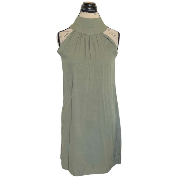 Womens Green Trapeze Dress High Mock Neckline Sleeveless Pleated Mini Sz  Small - Picture 1 of 12
